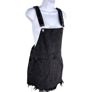 Free People Womens 4 Black Denim Overall Dress Frayed Hem Mini Jumper Grunge